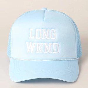 Light blue trucker hat with LONG WKND embroidery and white decorative rope trim