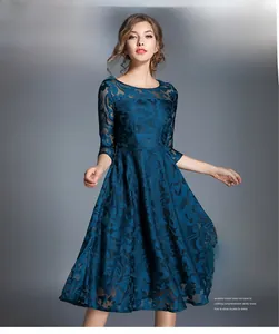 Detail of teal blue lace dress with round neck and intricate floral texture