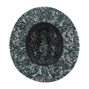 Flat top fedora hat with dark green snake pattern print on white background