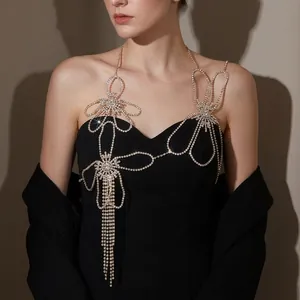 Elegant silver butterfly body chain with sparkling rhinestones and long fringe tassels