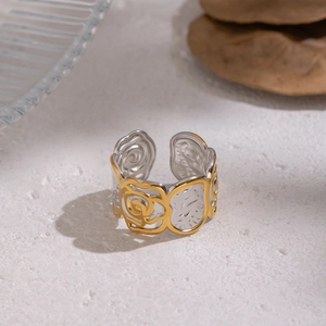 Rose Flower Adjustable Open Ring Two-Tone Stainless Steel Hollow Floral Textured Jewelry For Women Hypoallergenic