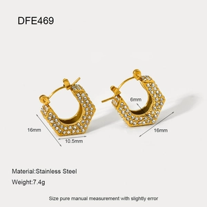 Detailed specs of gold 18k plated stainless steel hexagonal hoop earrings with white zircons