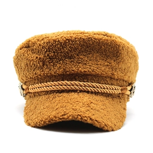 Brown faux lamb wool sailor cap for women with braided rope trim and vintage buttons