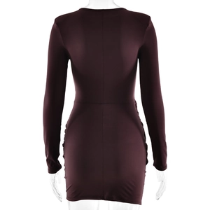Close-up of ruched detail and back seam on this slim fit burgundy mini dress