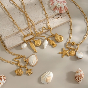 Exaggerated ocean theme 18K gold plated titanium necklaces with seashell and pearl pendants