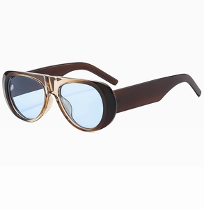 Detailed side view of tortoise shell sunglasses with blue lenses and wide temples
