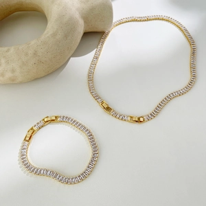 Elegant Baguette Zircon Tennis Chain 18K Gold Plated Copper Necklace And Bracelet Jewelry For Women
