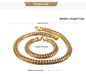 Detailed size specs for 12mm golden Cuban link necklace and bracelet set in stainless steel