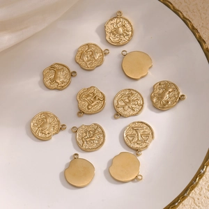 Zodiac Sign Pendant Charms Stainless Steel 14K Gold Plated Retro Embossed Coin For DIY Jewelry Making Necklaces