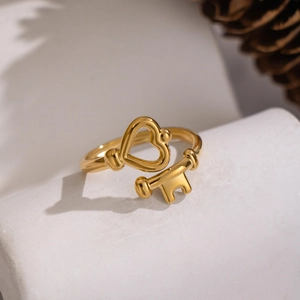 Minimalist 18K gold plated stainless steel open ring with heart and key design elements