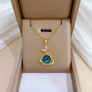 Butterfly Planet Pendant Necklace Stainless Steel Chain Copper Micro Pave Zirconia Blue Starry Galaxy Women Jewelry
