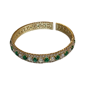 Three-layer gold-tone square crystal open bangle with green gems and white pavé zircons