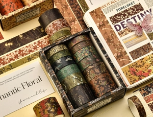 Detailed set of 12 rolls vintage Washi tape with mountain and floral patterns