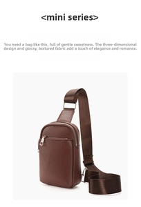 Detail of brown litchi leather men's chest bag with metal zipper and wide strap