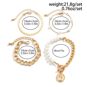 Size chart for 4-piece gold bracelet set with pearl and chain length specifications