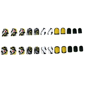 Short black and gold zebra pattern press-on nails set with abstract graffiti art