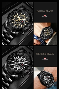 Close-up of VA VA VOOM men's quartz watch with black steel band and three-eye dial feature