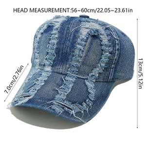 Detailed sizing chart for washed distressed denim baseball cap with height and brim info