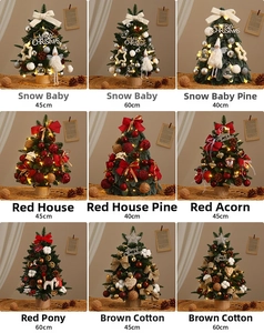 Detailed grid showing mini desktop Christmas trees with warm LED lights and ornaments