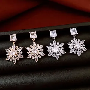 Elegant 14k gold plated snowflake drop earrings with marquise-cut zircon stones