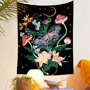 Detailed botanical mushroom and butterfly tapestry with stars and crescent moon