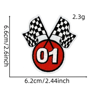 Detail of racing flag embroidery patch with number 01 showing size measurements