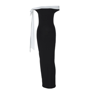 Elegant off-shoulder black and white bodycon maxi dress with stylish shoulder ribbon ties