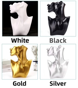 Detail view of resin bust necklace displays in gold, black, silver, and white finishes
