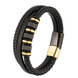 Men's multilayer braided black leather bracelet with knurled metal beads and gold accents