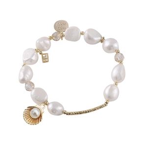 Baroque pearl bracelet with gold shell pendant and rectangle charm on white background