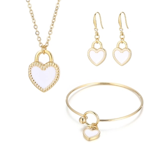 Three-piece gold and white heart jewelry set with necklace, earrings, and bracelet