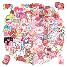 Flat lay of pink and red romantic stickers featuring hearts, rainbows and love letters