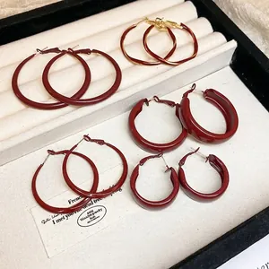 Chic Ancora Red Hoop Earrings For Women Twisted Geometric Alloy Enamel Jewelry With 925 Sterling Silver Earring Post