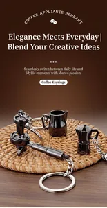 Three-piece metal coffee keychain set featuring moka pot, milk jug, and coffee tamper pendants