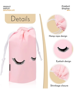 Detail of pink EVA drawstring pouch showing eyelash print and durable woven cord closure