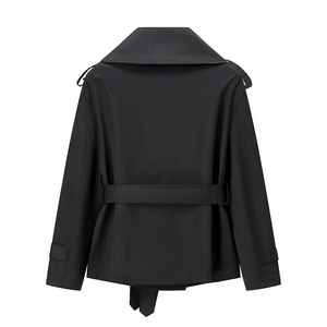 Close-up of black short jacket back view featuring belted waist and cuff detail