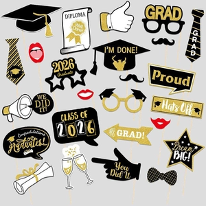 25-piece black and gold 2026 graduation photo booth props with glitter party decorations