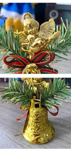 Detail of Christmas gold bell ornament featuring a golden angel and Merry Christmas engraving