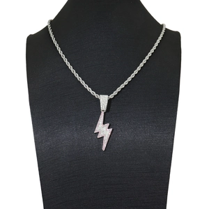 Hip hop lightning bolt pendant with pink and silver rhinestones on a twisted rope chain