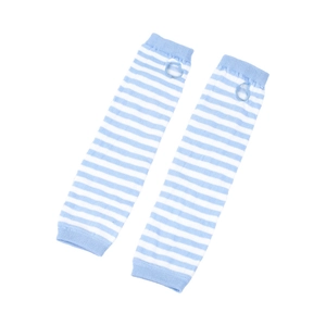 Detail of blue and white striped knit arm warmers with finger holes on white background