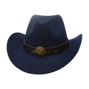 Classic dark blue felt cowboy hat with vintage brown leather belt and bronze star badge