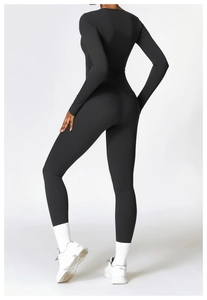 Back view of high-elastic black yoga set with long sleeve top and high waist leggings