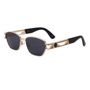 Steampunk rectangular sunglasses with gold hollow-carved frame and black lenses