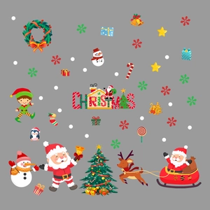 Detailed spread of Christmas window stickers featuring Santa, reindeer, and snowman elements