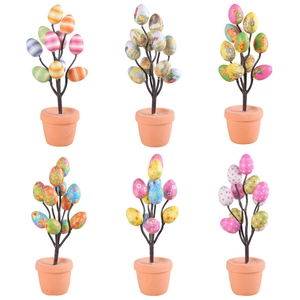 Set of six assorted Easter egg bonsai trees with cartoon prints in terracotta style pots
