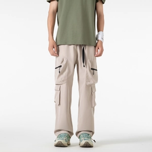 Pantaloni cargo uomo kaki a vita alta con coulisse e tasche multiple gamba larga