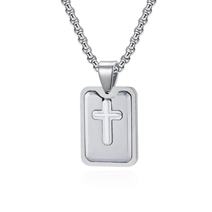 Men's vintage silver square pendant necklace with 3D cross pattern on high-quality chain