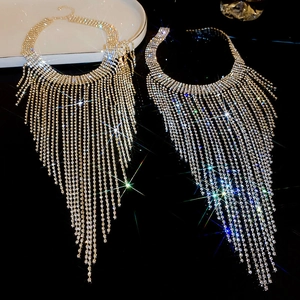 Sparkling gold and silver long tassel necklaces with rhinestone fringe detail