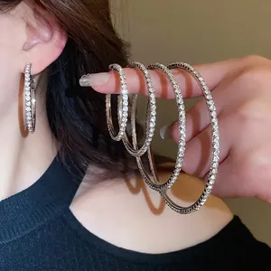 Boucles D'oreilles Créoles Rondes Géométriques Surdimensionnées Pour Femmes Mode Zircon Étincelant Bijoux En Cuivre