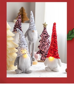 Close-up of lighted LED nose on plush Christmas gnomes with sparkling sequin hats